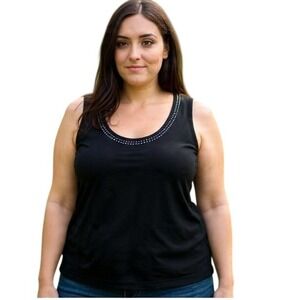 Y2K Rafael Black Sleeveless Top with Decorative Beaded Neckline Elegant‎ Tank 3X